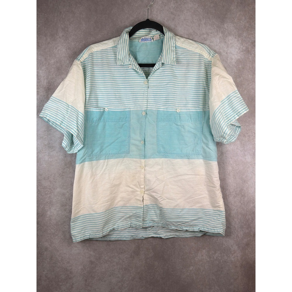 VTG 80s Pinot Noir Button Down Shirt Mens Large Turquoise Striped Colorblock‎